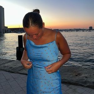 Urban outfitters blue silk dress with little red strawberries!